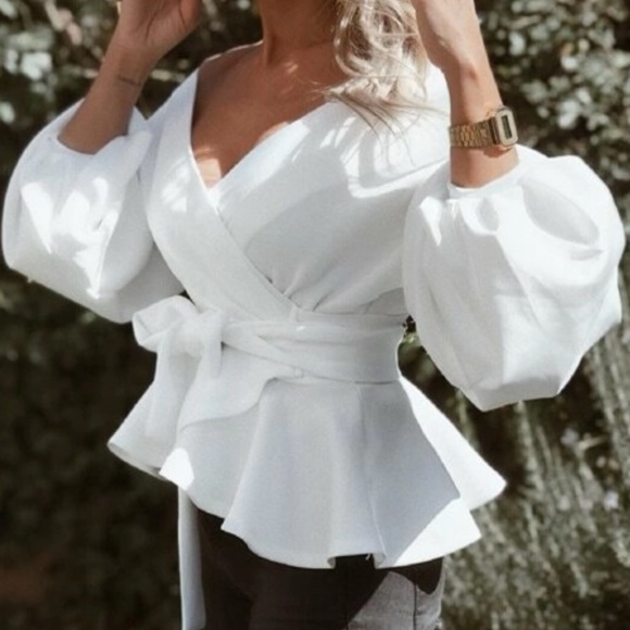 Luxe White Off Shoulder Sexy Balloon Sleeve Blouse - Picture 2 of 9